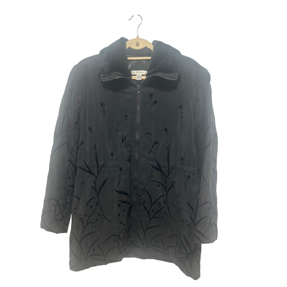 Strada 100% Silk Black Flora Leaf Inner Cinch Ties Faux Fur Collar Jacket Large